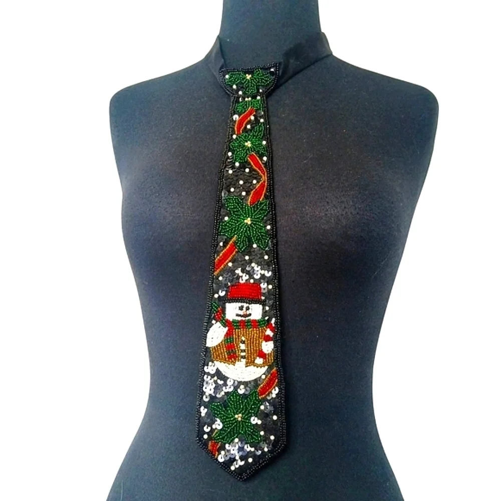 Milor SM Necktie Xmas Party Holiday Snowman Embellished Beaded N Sequins Satin